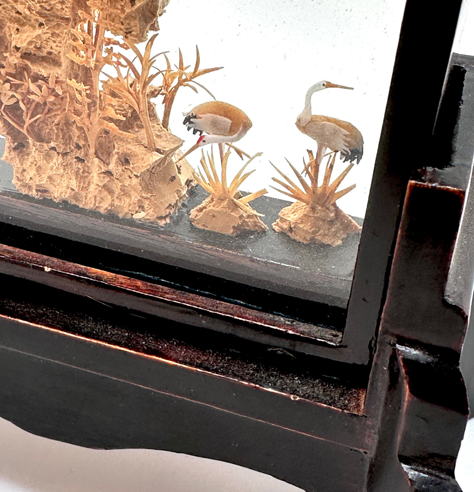 Vintage Hand-Carved Asian Cork & Wood Pagoda Diorama Black Lacquer Stand San You