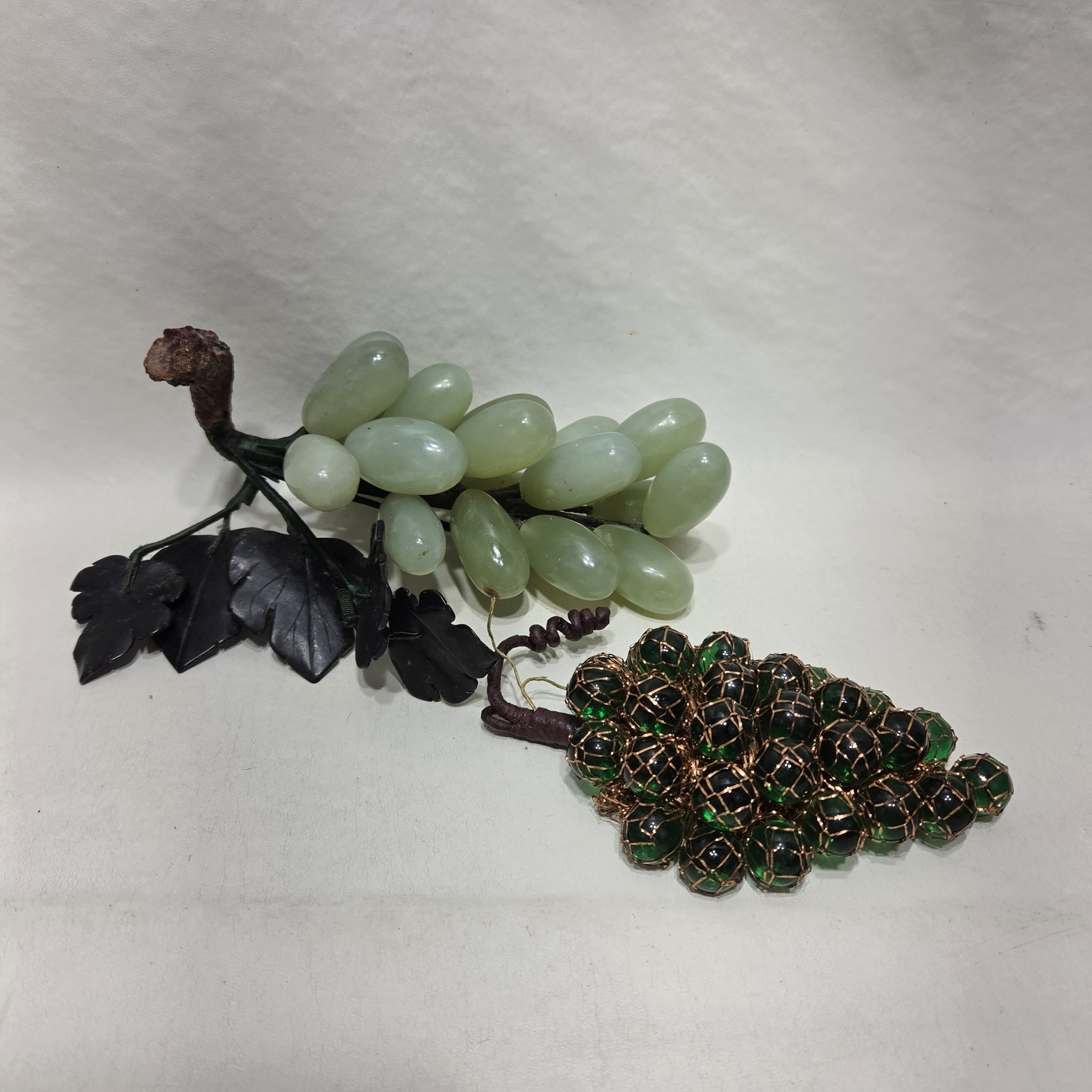 Vintage Marble Jade Agate Stone Grapes And Glass With Copper Grapes Green