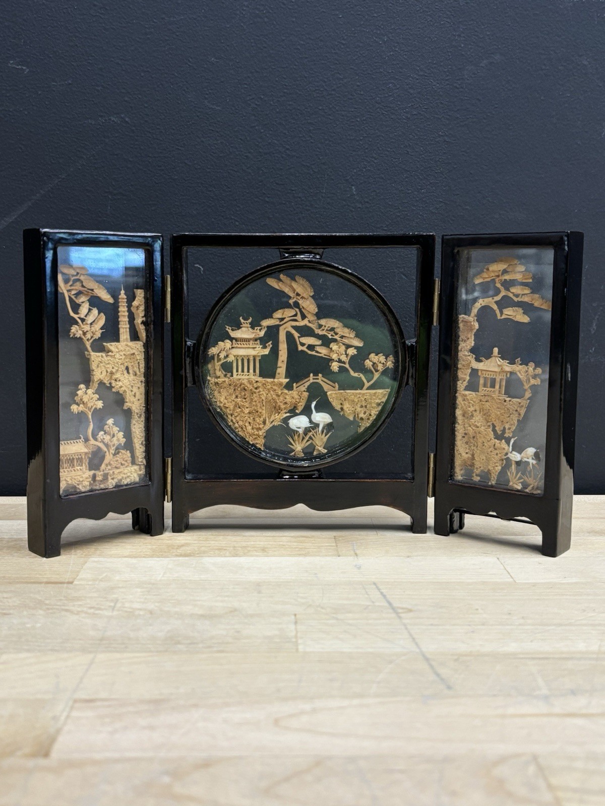 Vintage Chinese Cork Art Hand Carved Tri-Fold Diorama Box Pagoda Trees Cranes