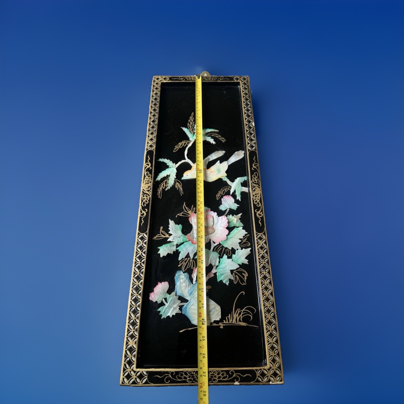 Vintage Chinese Black Lacquer Mother of Pearl Inlay Wall Panel Birds & Flowers