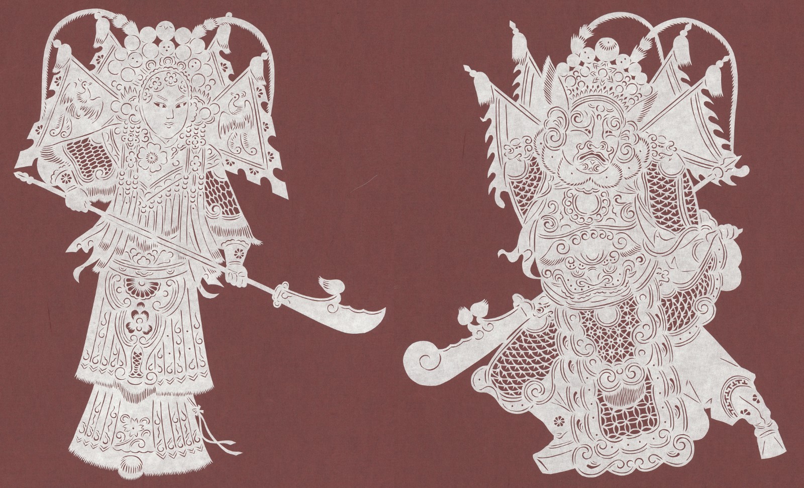 Rare White Chinese Paper-Cut Art-Pair of Chinese Opera Figures (PC45)