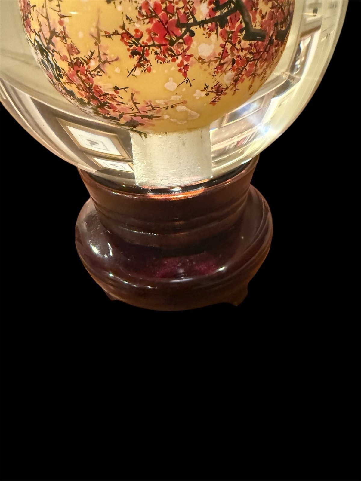 ASIAN REVERSE PAINTED GLASS SPHERE CHERRY BLOSSOM CALLIGRAPHY WOOD STAND