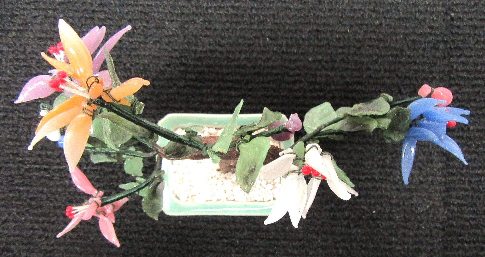 Chinese Jade Glass Bonsai Tree 9″ Wide x 8″ Tall w/Porcelain Pot!! Very Nice!!