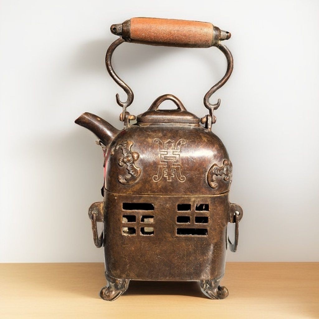 Vintage Copper Wine Heater Teapot Set Antique Charcoal Stove Decor