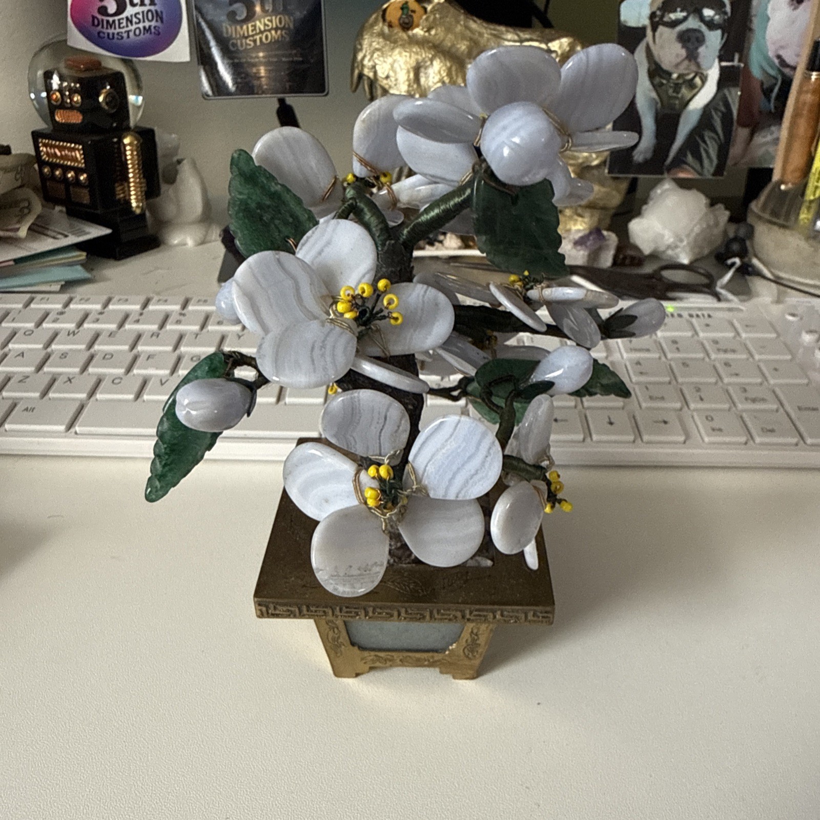 Blue Lace Agate 1950’s Vintage Stone Flower Tree With Brass Pot