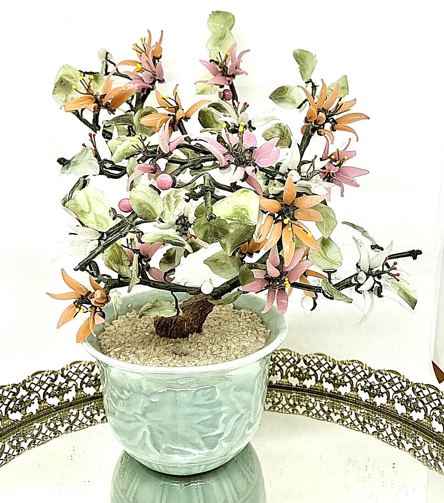 Vintage 11″ Jade Glass Bonsai Tree Japanese Oriental multi-color blooms in a Pot