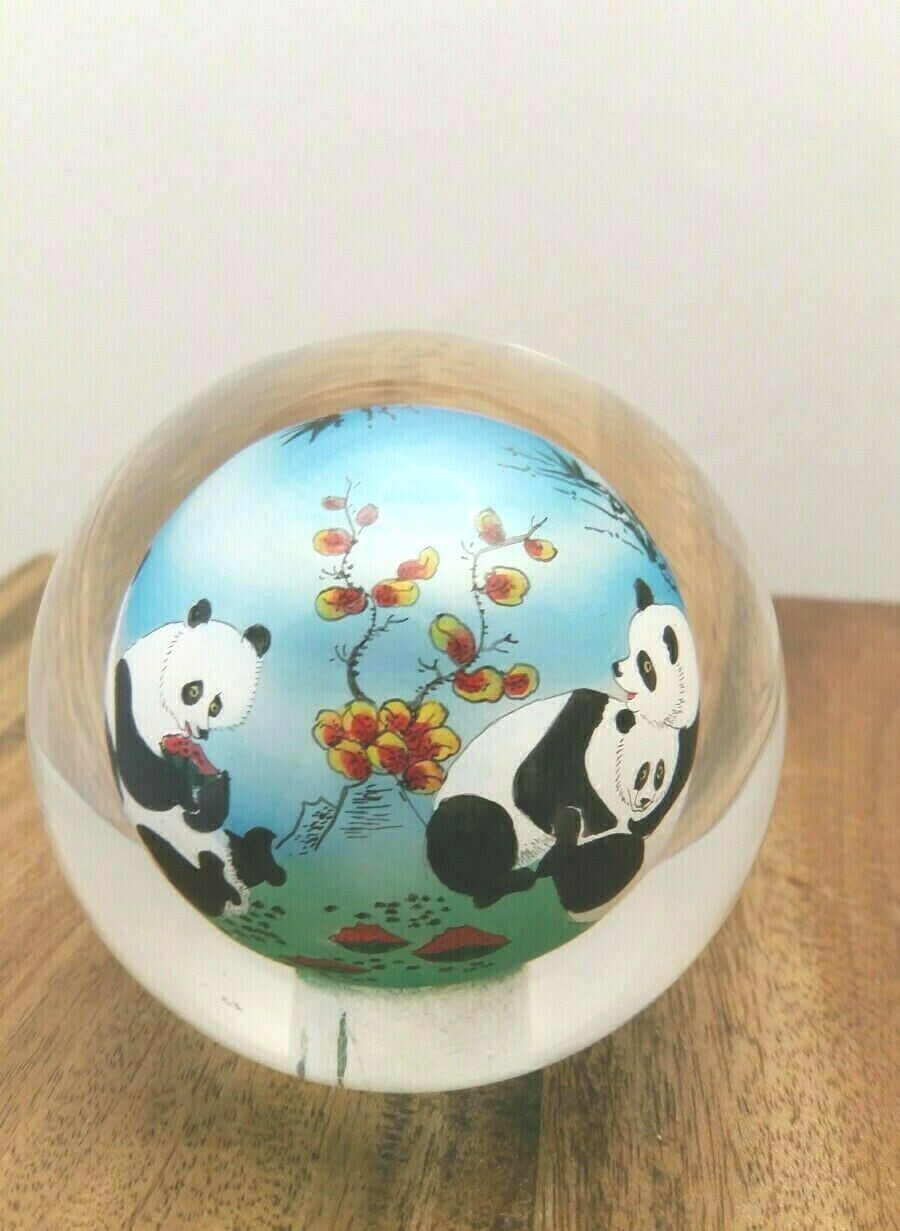 Chinese Glass Ball Sphere Paperweight Reverse Hand Painted Pandas NO Base