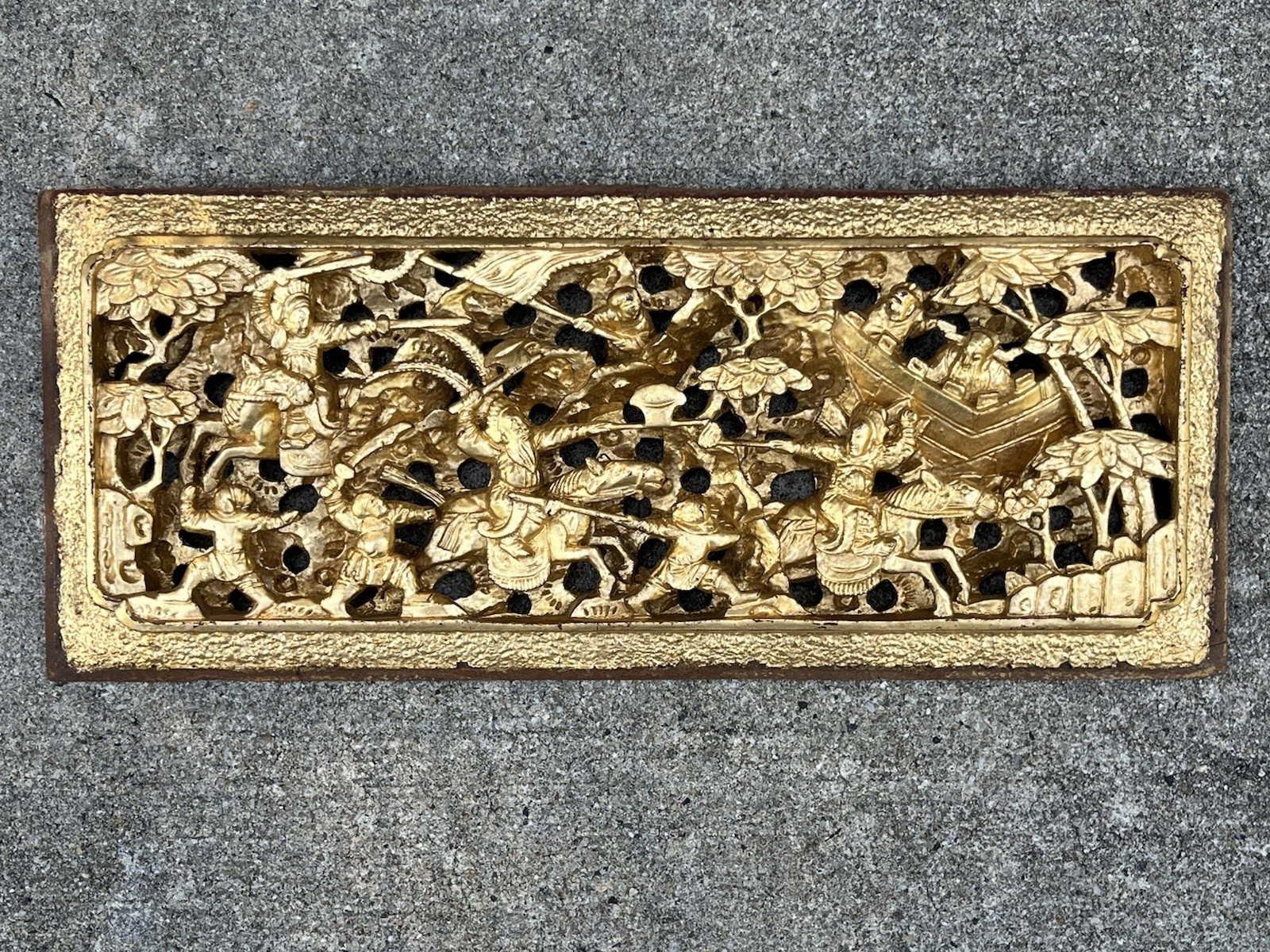 Antique Asian Chinese Gold Gilded Carved Warrior Wood Panel