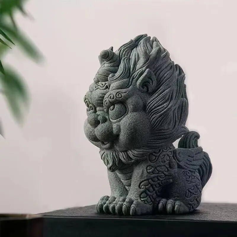 Chinese Style Rui Beast Kirin Statuette Green Sand Stone Art Sculpture Home Room