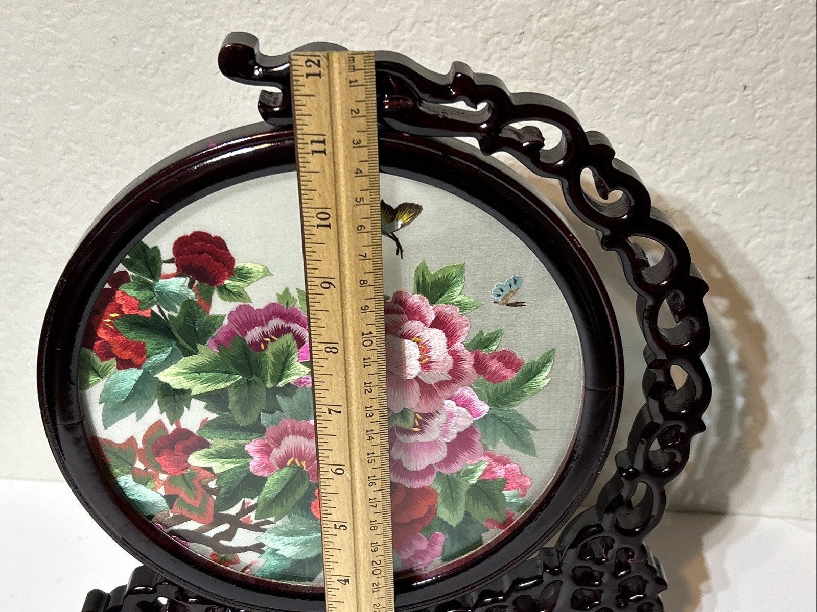 Chinese Double Sided Silk Embroidery Flowers 12″ Carved Wood Stand Peonies (d1)