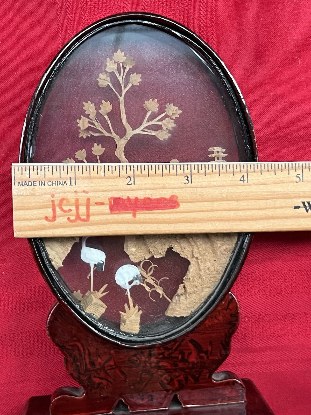8” CHINESE 3D CARVED CORK ART DIORAMA OVAL GLASS SHOWCASE CRANES PAGODA TREES