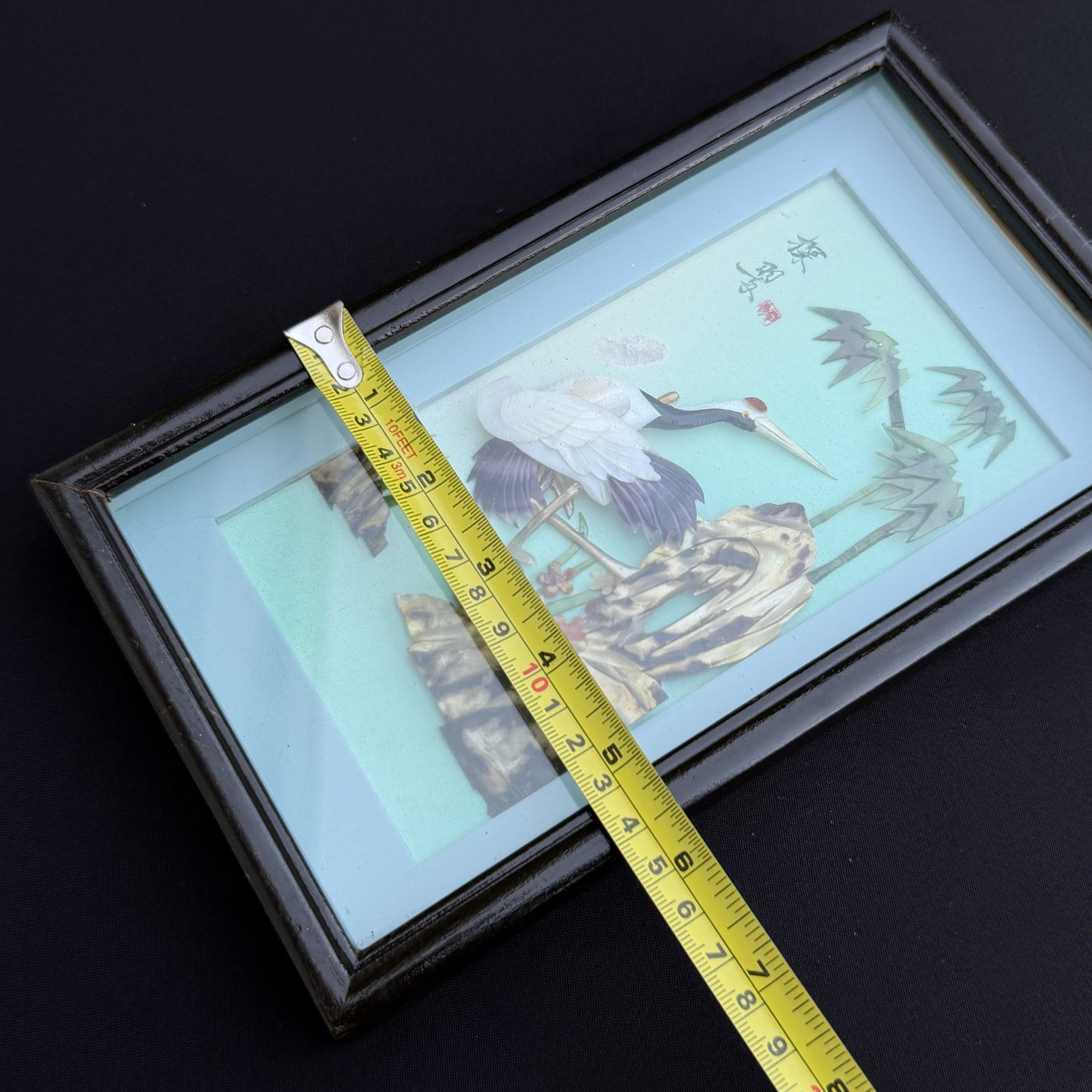 Vintage Asian 3D Shadowbox Wall Hanging Red-Crowned Cranes Shell Nature 9.5×5.5”