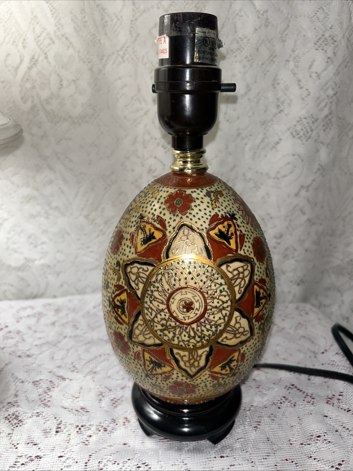 Vintage Chinese Cloisonné Ceramic Hand Painted Egg Lamps With Wood Stand