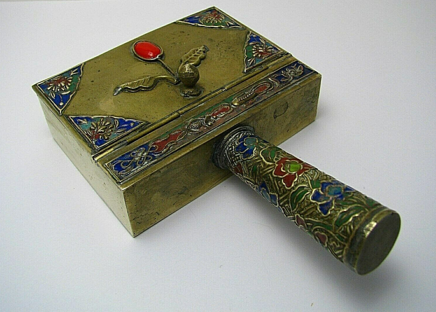 CLOISONNE ENAMEL BRASS TRAY ASHTRAY BOX SILENT BUTLER w/ CORAL Asia China c1900s