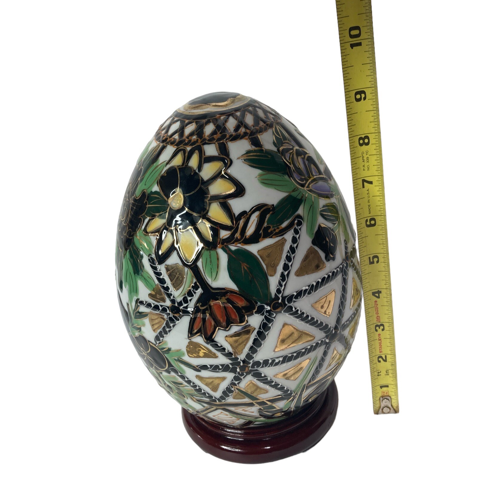 Chinese Porcelain Egg Black Gold Floral 9″ with Stand Decor multicolor Vintage