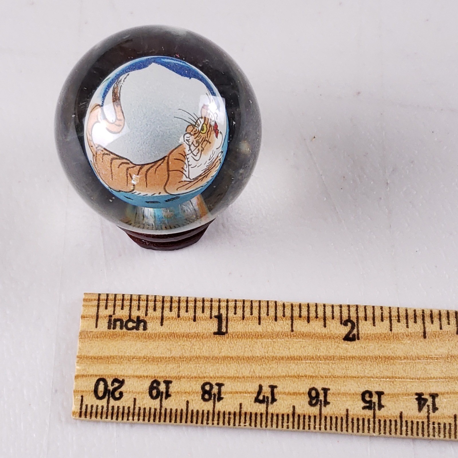 Vintage Chinese Hand Painted Tiger Glass Orb Sphere with Wood Stand and Box