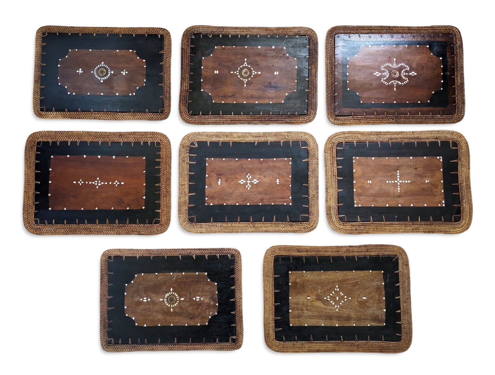 Vintage Mid Century Rattan Wood Placemats Shell Inlay Chinese Coin Boho Set of 8