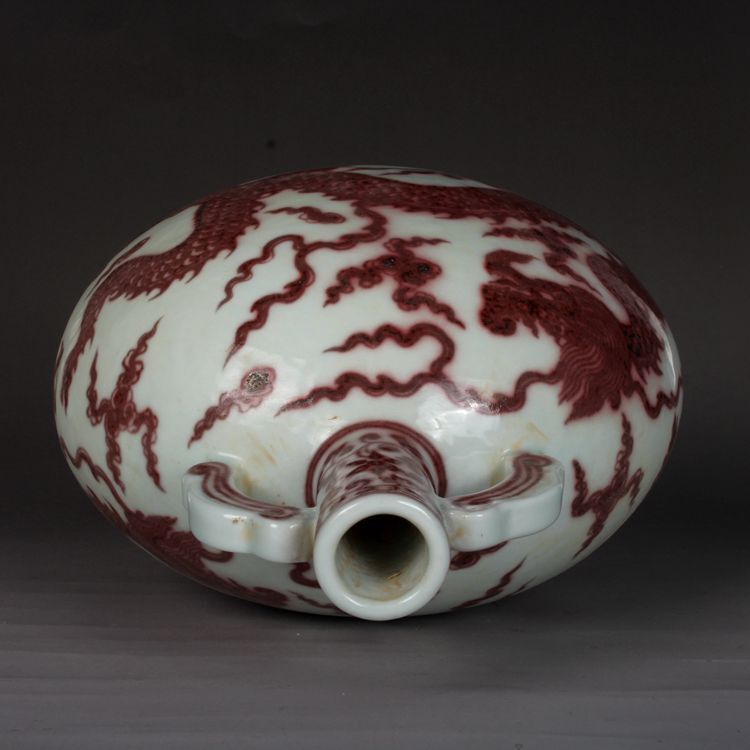 10.2″ Chinese Yuan Porcelain Red Glaze Hand Painting Animal Dragon Oblate Vase