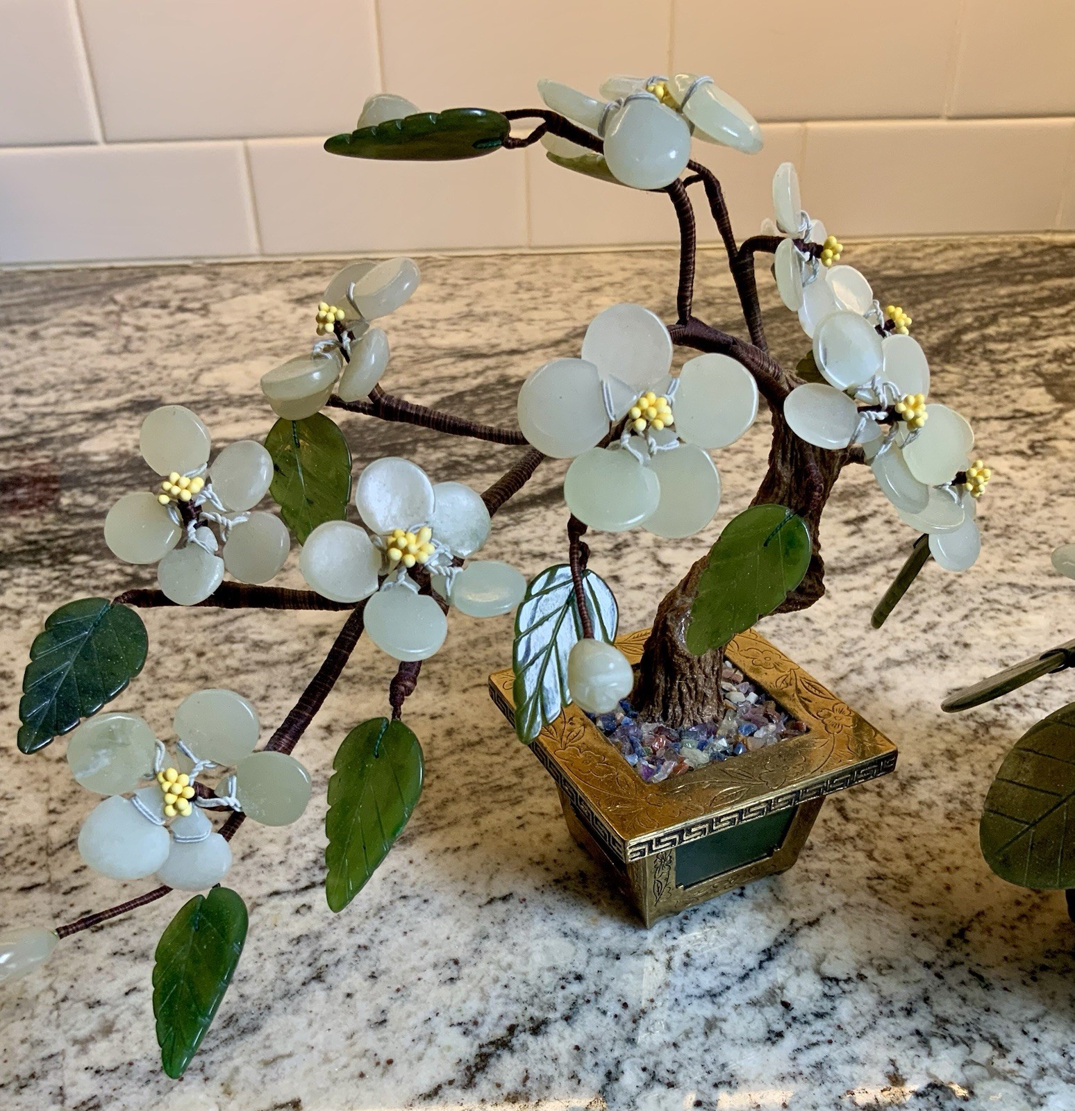 TWO Small Vintage Carved Jade Bonsai Trees Hong Kong