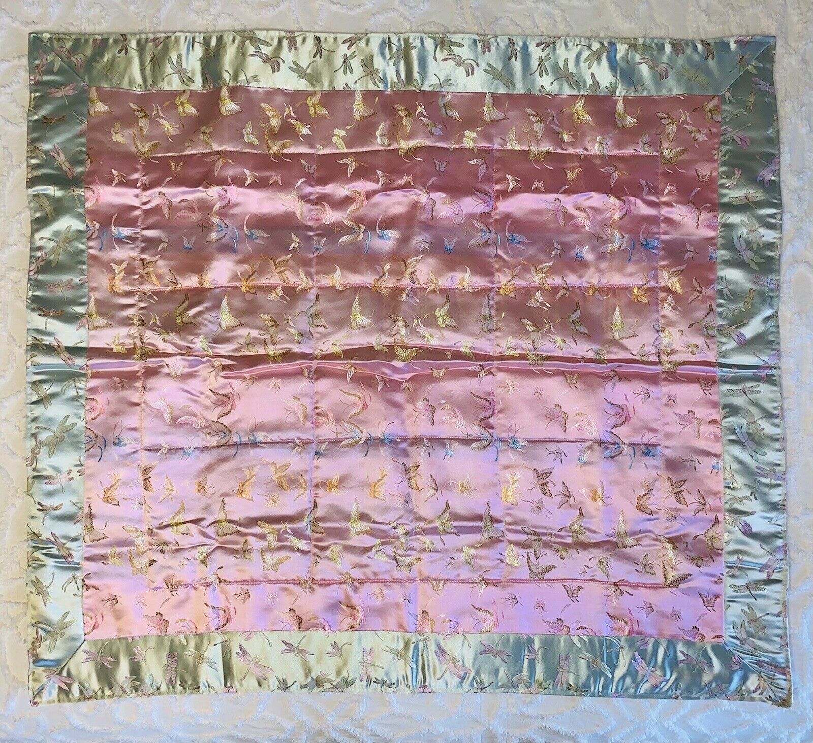 VTG Chinese Embroidered Silk Stitched Wall Tapestry Panel Dragonfly Butterfly