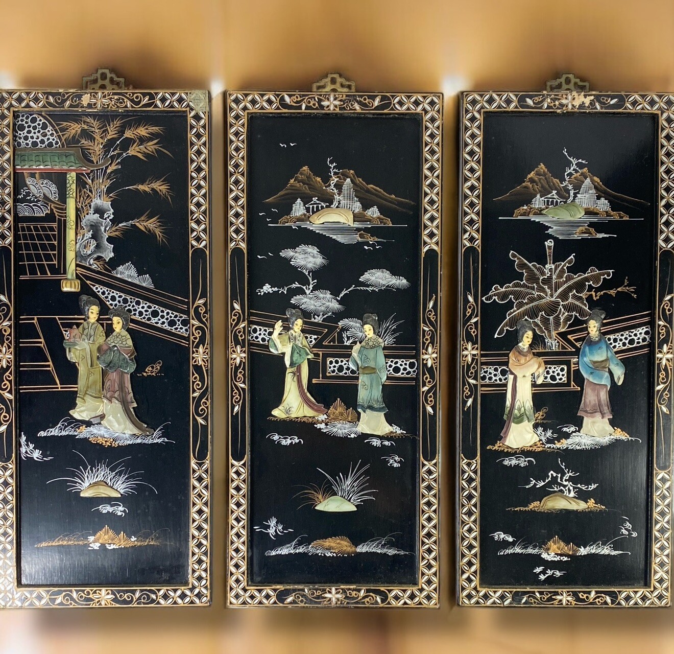 Vtg Lacquered Macau Black Wall Panels Mother of Pearl Decoration Asian Set 3