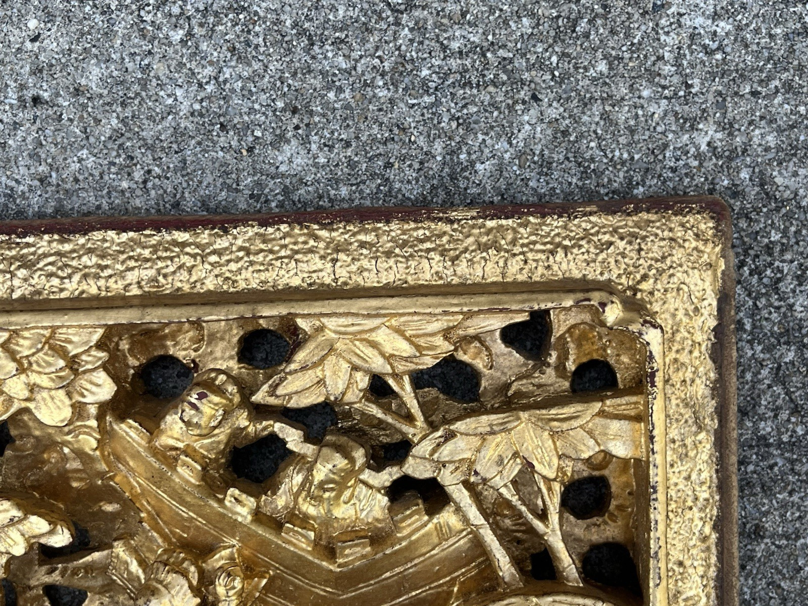 Antique Asian Chinese Gold Gilded Carved Warrior Wood Panel