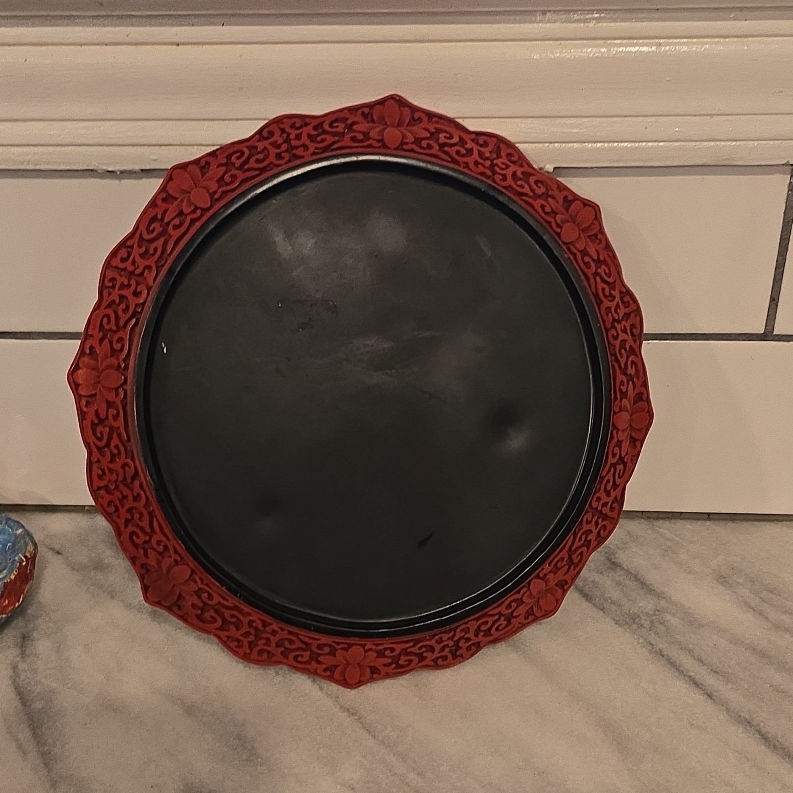 Chinese Cinnabar-Style Red Lacquer Carved Dish Plate Scenic Landscape Boat