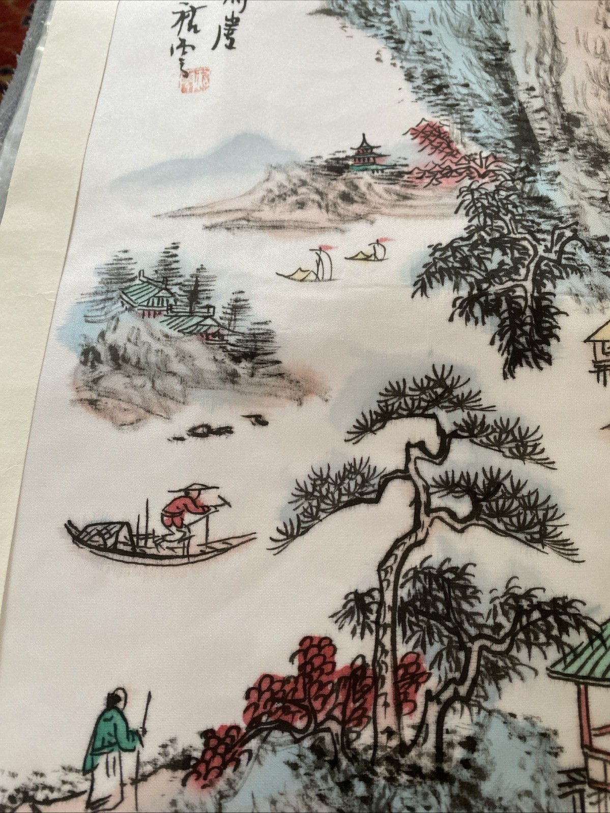 Vintage Chinese Embroidery Village Scene Silk Tapestry Unframed