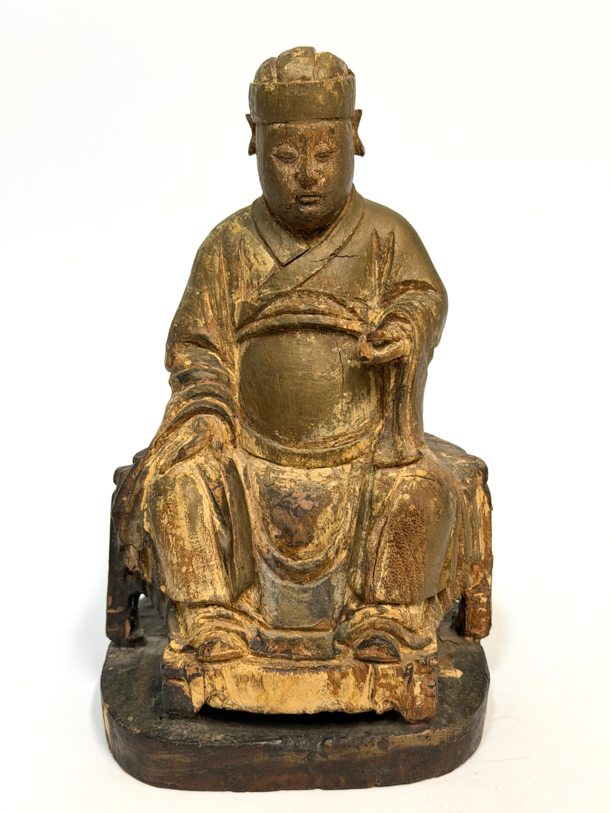 17/18C Chinese Gilt Wooden Folk Carving Seated Deity 8.5″ tall