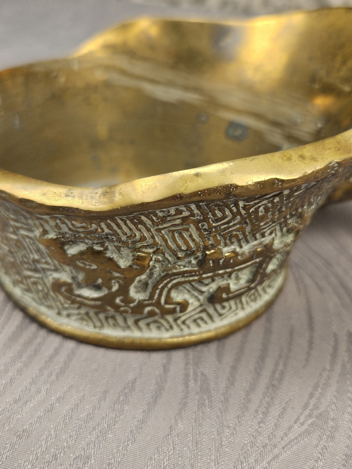 Vintage Chinese Brass Silk Iron w/ Wooden Hand Handle