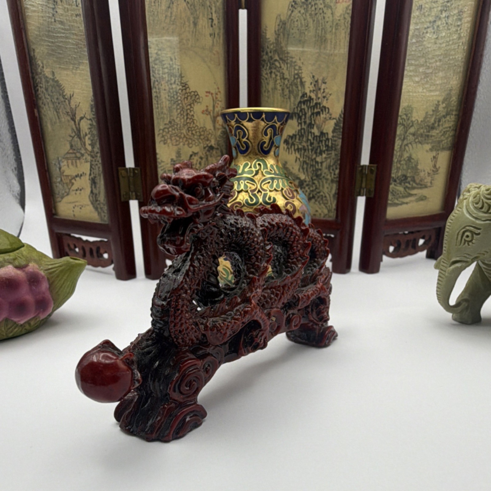 Antique Chinese Handmade Collectible Set: Vase, Teapot, Dragon, Elephant, Screen