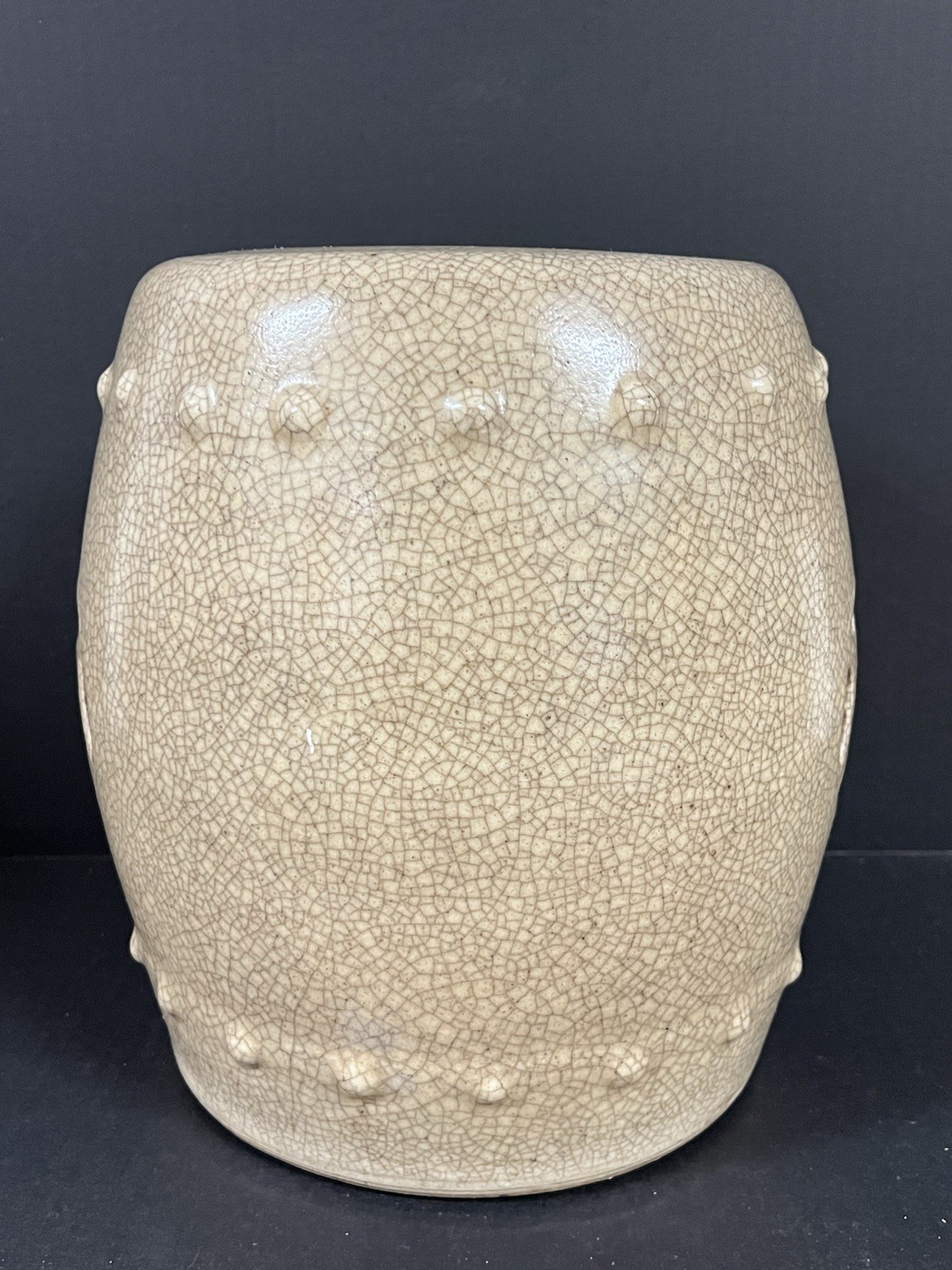Vintage Chinese Porcelain Round Garden Stool Darker Beige Crackled Double Coin