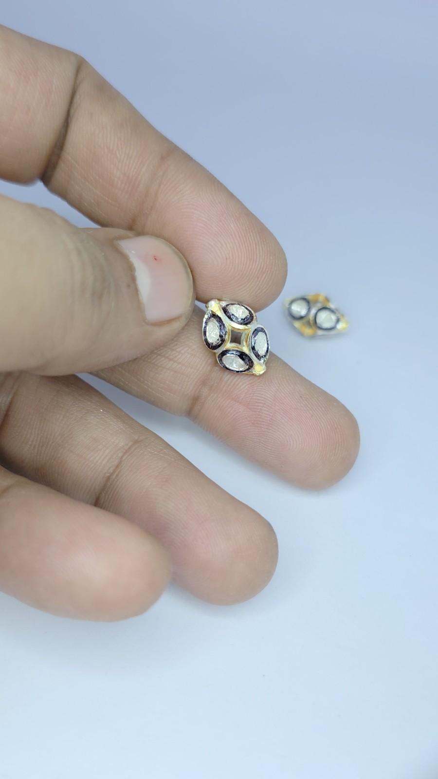 Pave Diamond Oval RoseCut Diamond Beads 925 Silver Polki Beads For Jewelry.