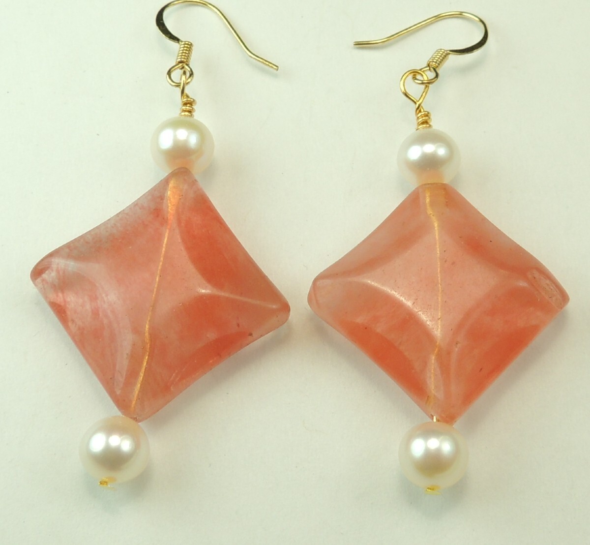 Watermelon Quartz & Cultured Pearl Dangle Earrings Handmade Jewelry