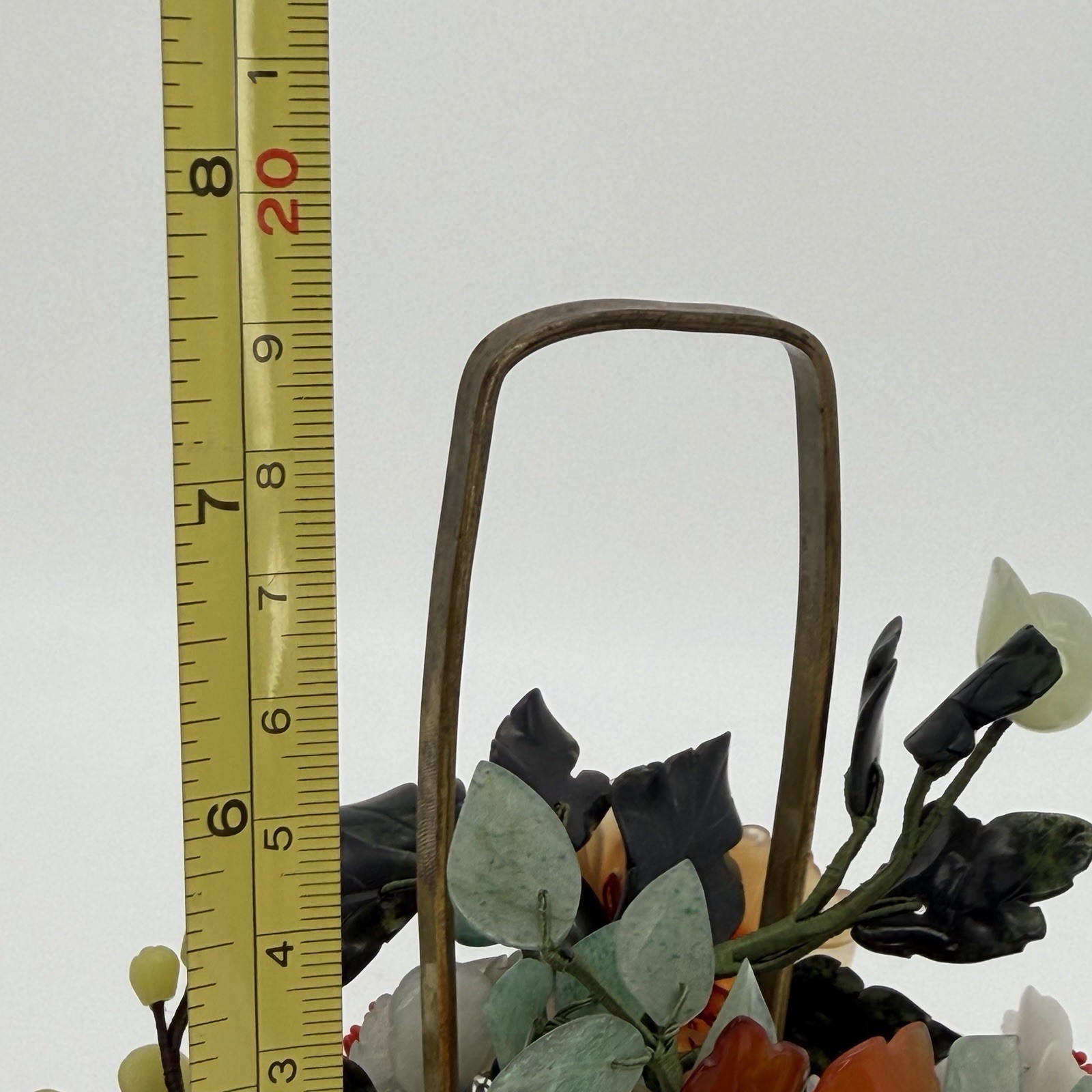 Vintage Jade Bonsai Tree Flowers Basket Cloisonné Pot 7.5” Brass Handle