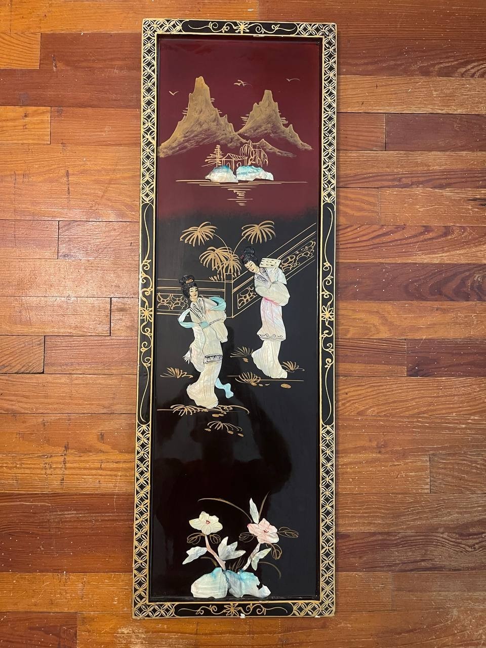 20thC Chinese Wall Art Black Lacquer Panel Mother of Pearl Relief Scene – 2