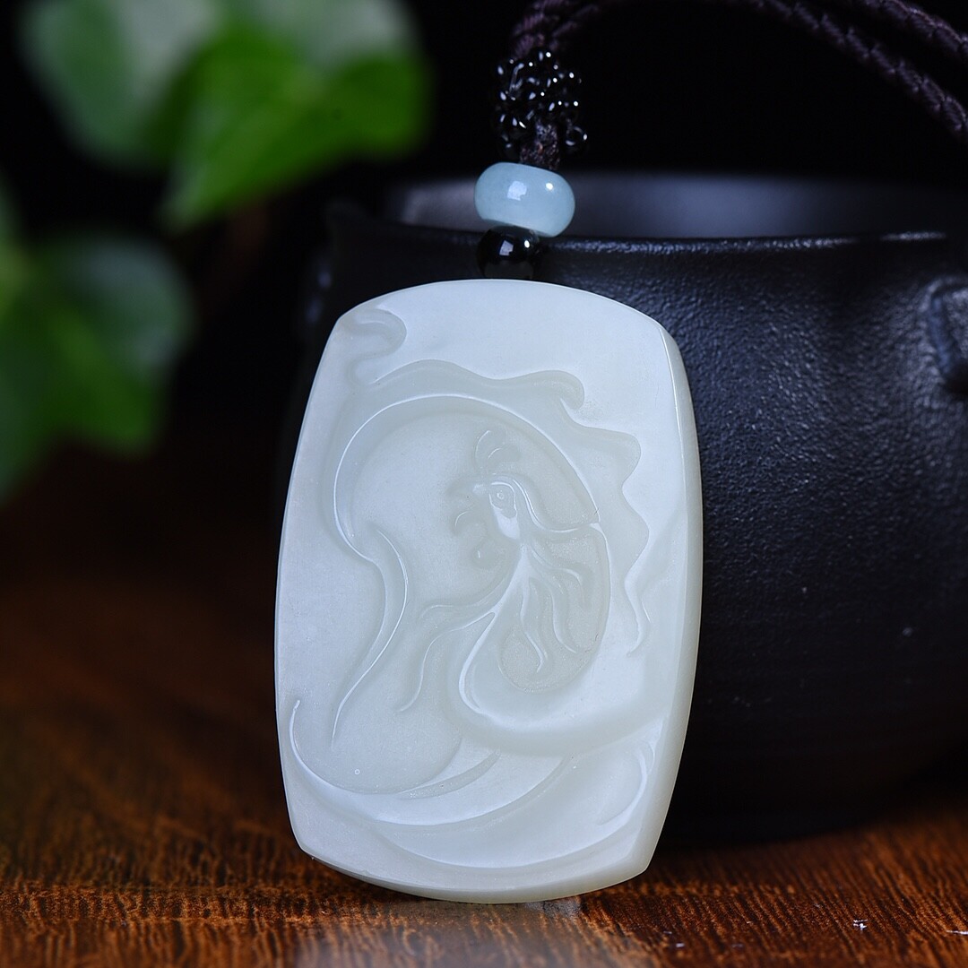 Chinese Hetian White Jade Hand Carving Animal Dragon and Phoenix Pendant Pair