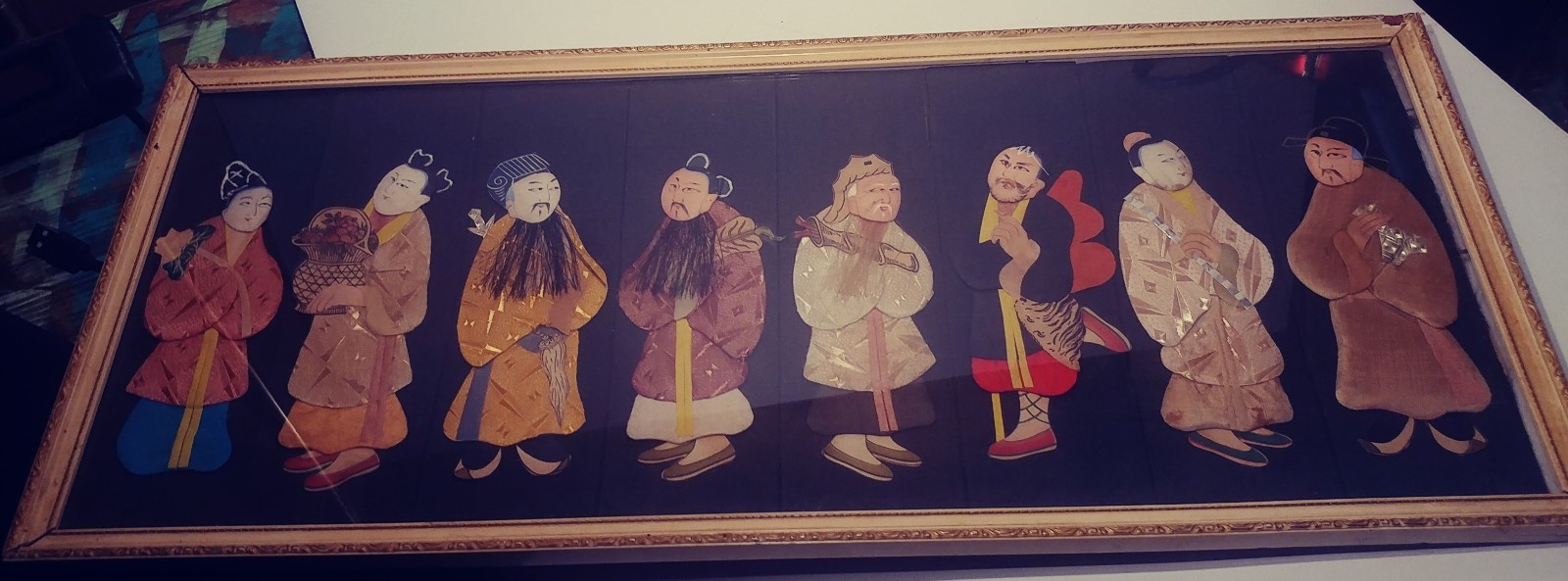 VINTAGE 1950`s SILK DOLLS,8 IMMORTALS,HAND MADE ART,FRAMED ,24 x 10.5 ,FREE SHIP