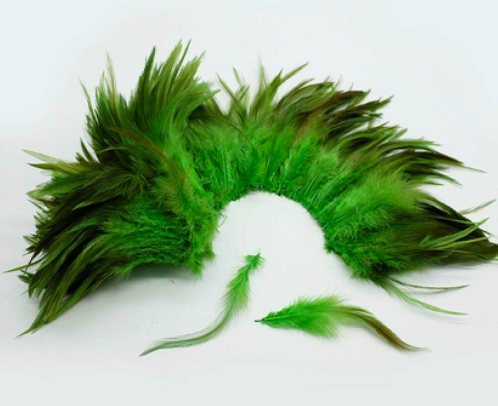 Chinese Rooster Saddle Hackle Feathers – Strung – Green over – 4-5″ – 50 Pcs.