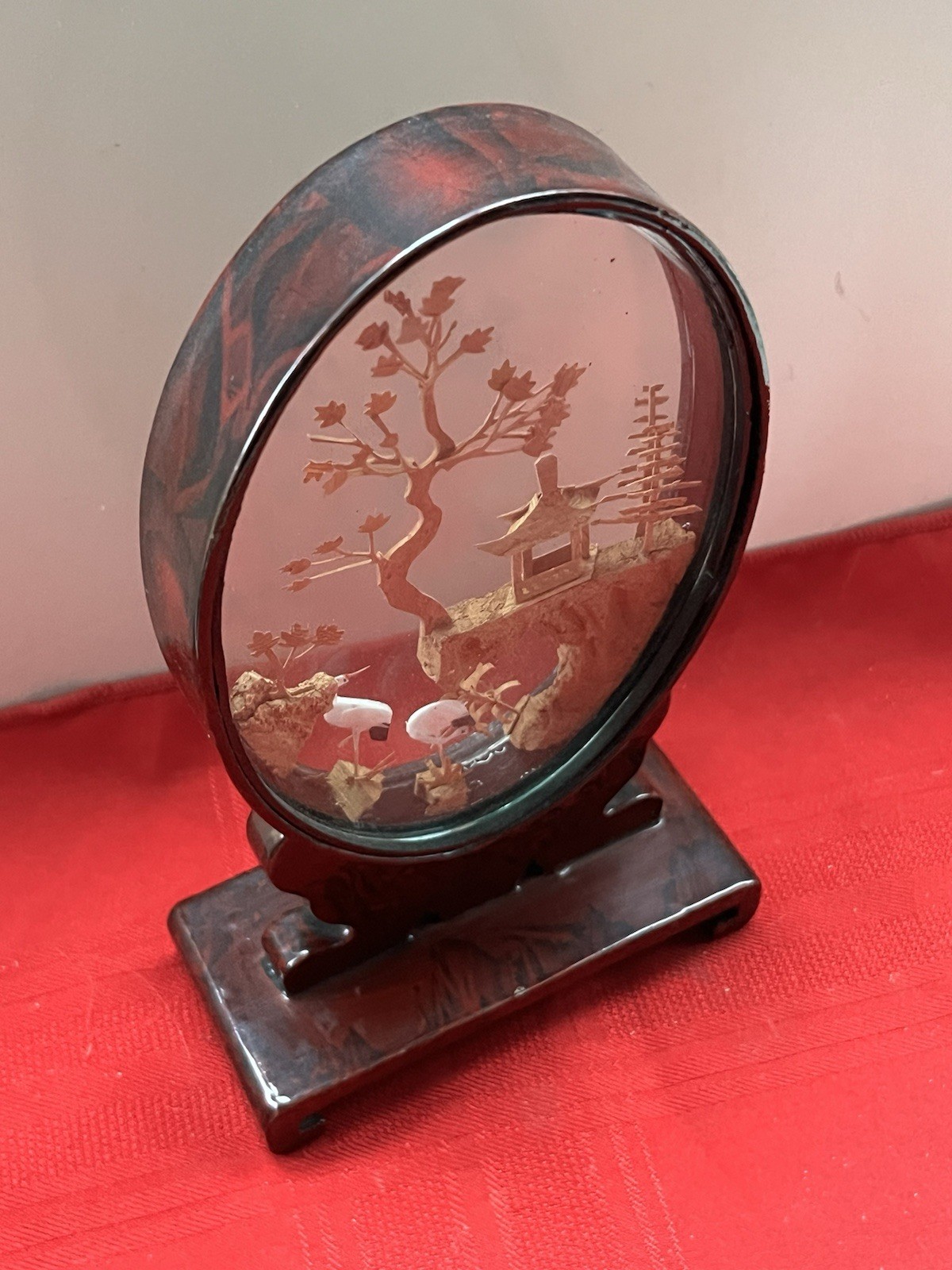 8” CHINESE 3D CARVED CORK ART DIORAMA OVAL GLASS SHOWCASE CRANES PAGODA TREES