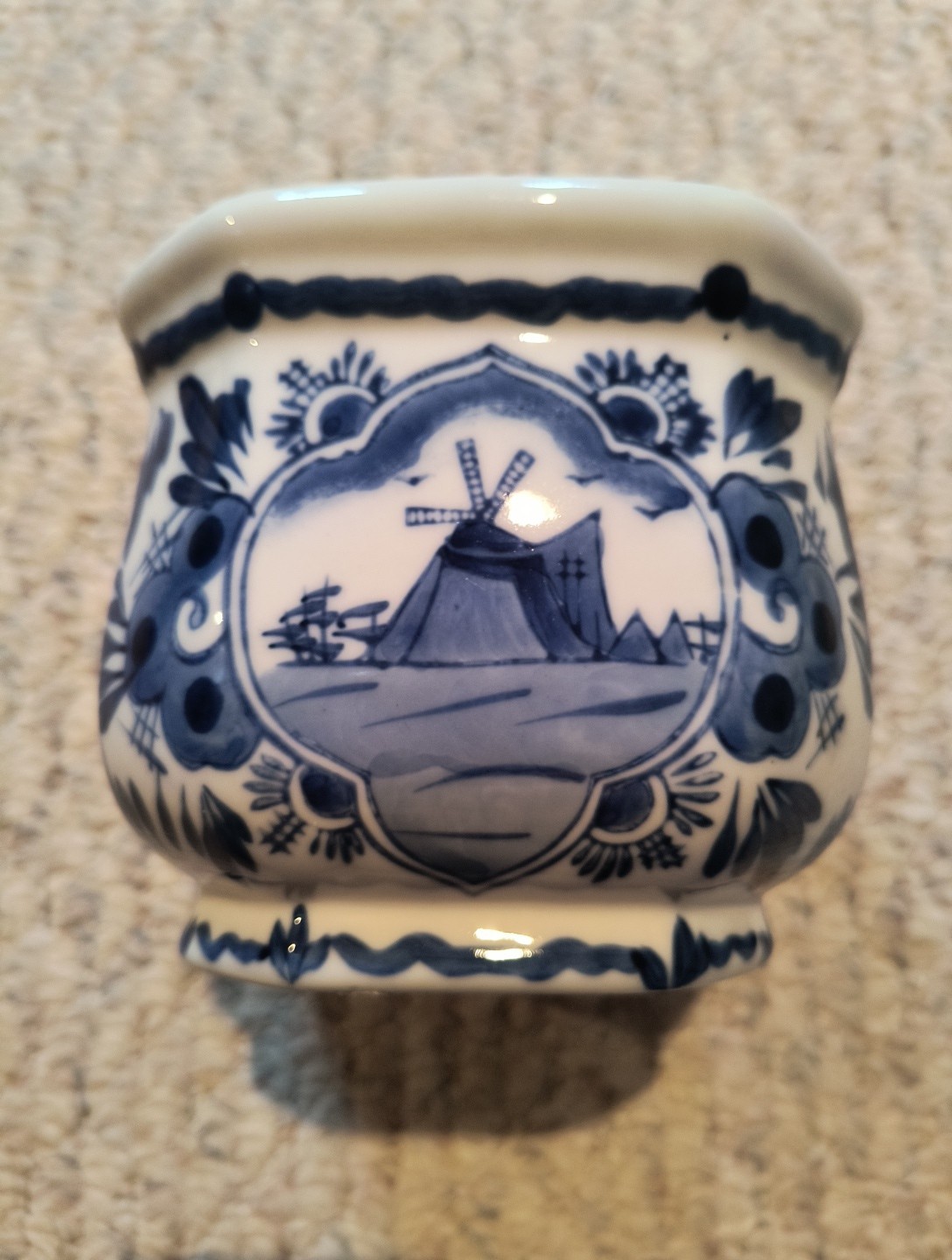 Planter Cloisonne Delft Style Windmill Floral Vintage Blue And White China