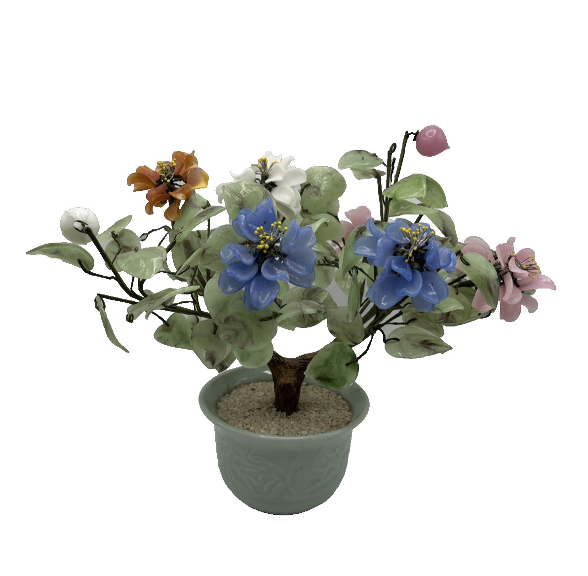 Chinese Jade Agate Glass Leaves Flowers Bonsai Tree 11″ 20th Century Vintage