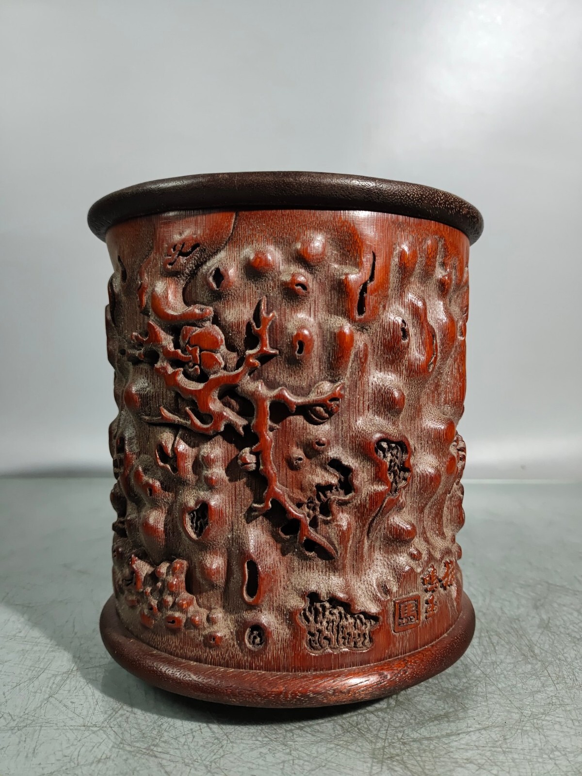 16cm china handmade carved plum blossom Exquisite natural bamboo Pen Brush pot