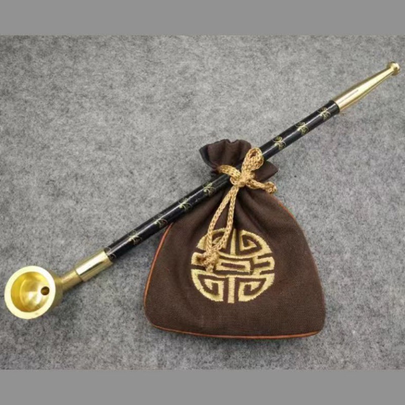 Vintage Chinese Solid Wood Pipe with Brass Bowl, 26cm