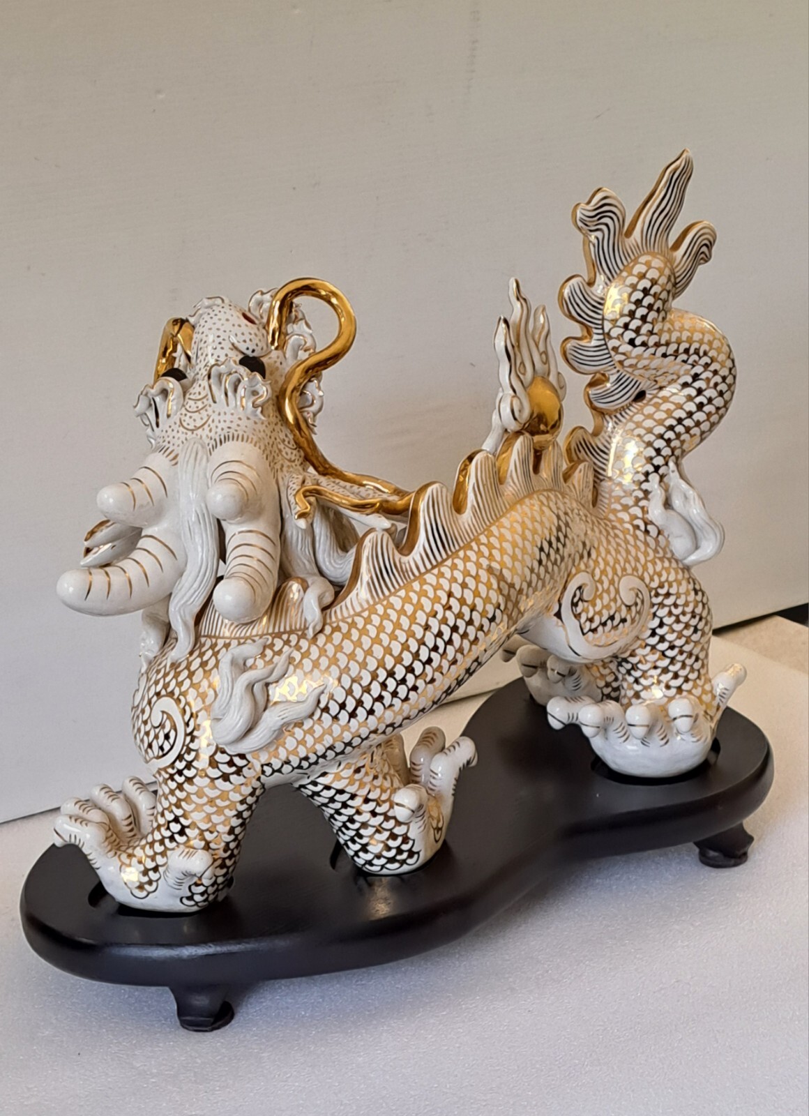 Vintage White/Gold Ceramic Dragon Feng Shui Sculpture 1950s Chinese Zodiac Décor
