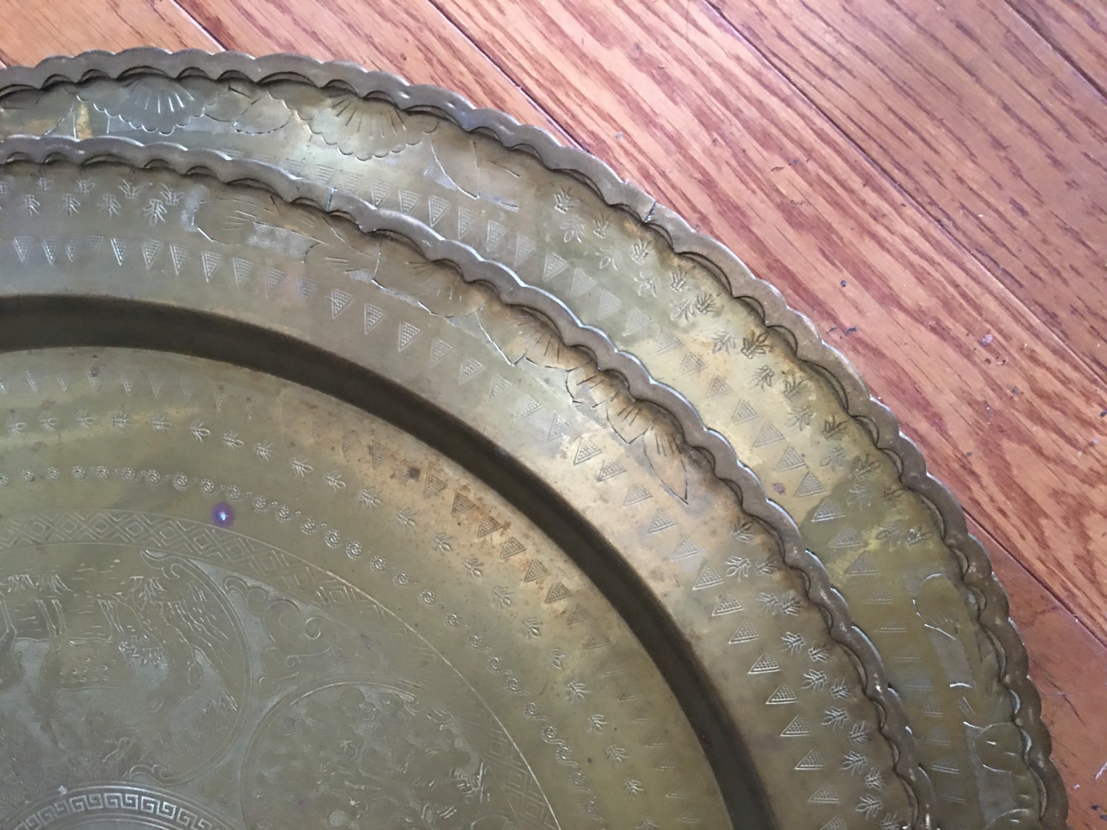 2 Vintage Chinese Heavy Tooled Motif Round Brass Tray 24″ w/ Raised Riveted edge