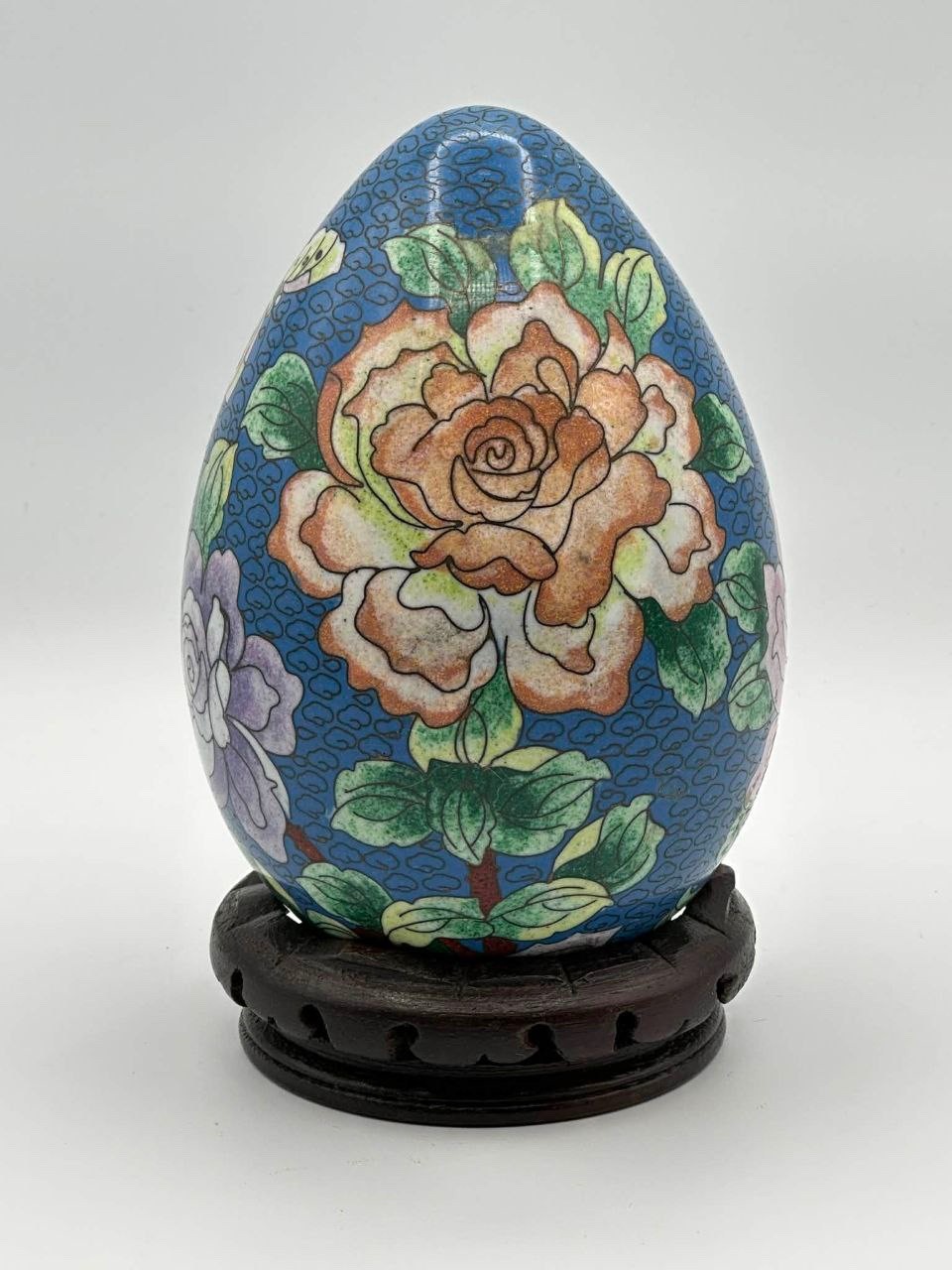 Vintage Chinese Cloisonné Enamel Egg on Wood Stand Floral Design H 7.25″