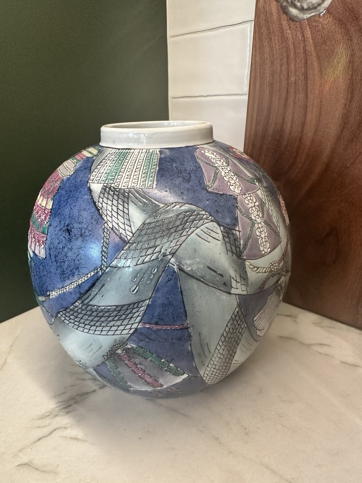 Oriental Asian Porcelain Planter Vase Decor ~ HAND PAINTED ENAMEL Abstract