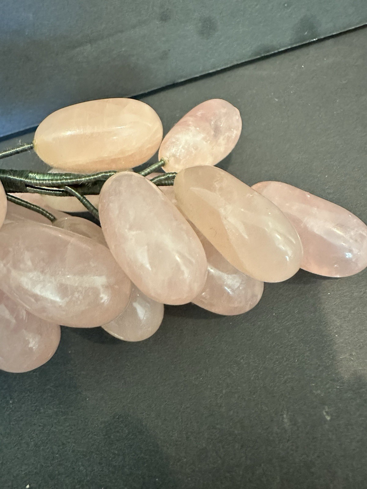 Grape Cluster With Pink Rose Agate Quartz Carved Jade Leaves Pink MCM 1950s