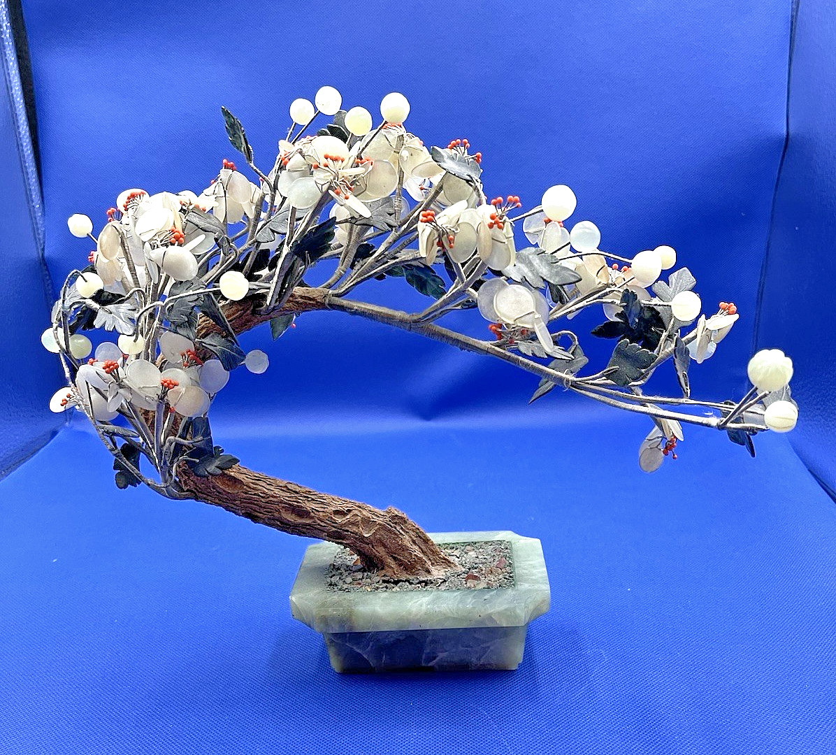 Vintage Large Chinese Jade Base Gemstone Flowers Bonsai Tree Sculpture 989